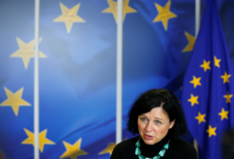 © Reuters. EU Justice Commissioner Jourova speaks during an interview with Reuters in Brussels