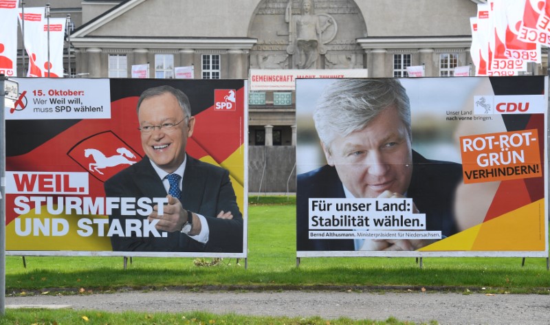 © Reuters. Election posters of SPD candidate Stephan Weil and CDU Bernd Althusmann are seen prior to the Lower Saxony state elections in Hannover