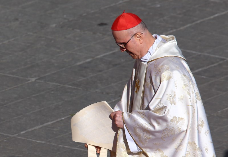 © Reuters. Cardinal Tarcisio Bertone is seen before Pope Francis arrives to set to canonise two priests and two groups of martyrs at the Vatican