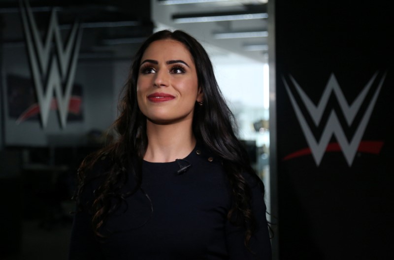 © Reuters. Shadia Bseiso, who was signed by World Wrestling Entertainment Inc. as its first female performer from the Arab world, poses for a photo during an interview with Reuters in Dubai