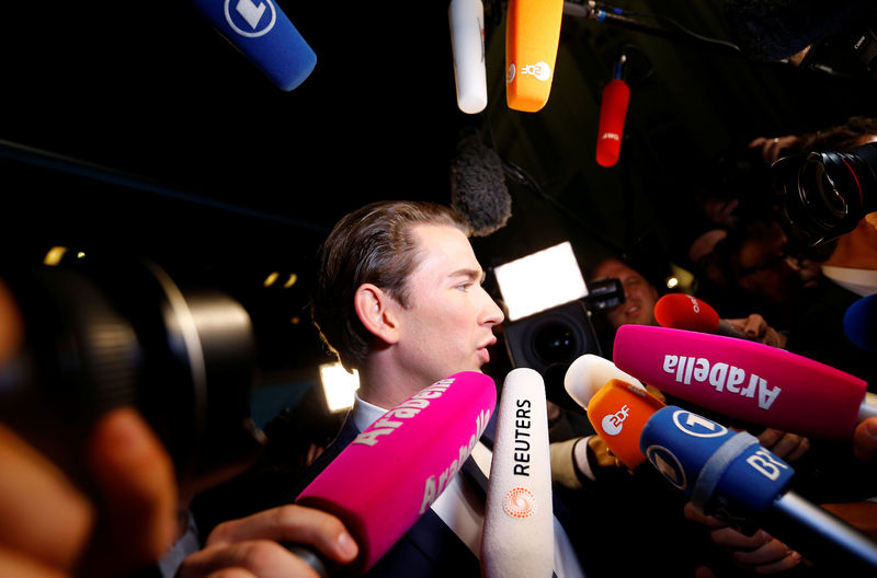 © Reuters. topTop candidate of Peoples Party (OeVP) and Foreign Minister Sebastian Kurz arrives for the first TV statements after Austria's general election in Vienna