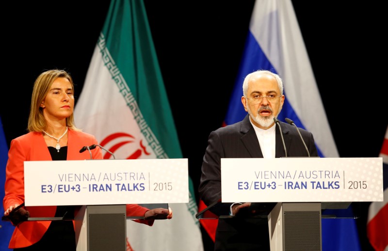 © Reuters. FILE PHOTO: Iranian FM Zarif addresses during a joint news conference with High Representative of the European Union for Foreign Affairs and Security Policy Mogherini after a plenary session at the United Nations building in Vienna