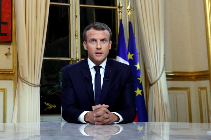 © Reuters. French President Emmanuel Macron is seen before his first long live television interview on prime time at the Elysee Palace in Paris