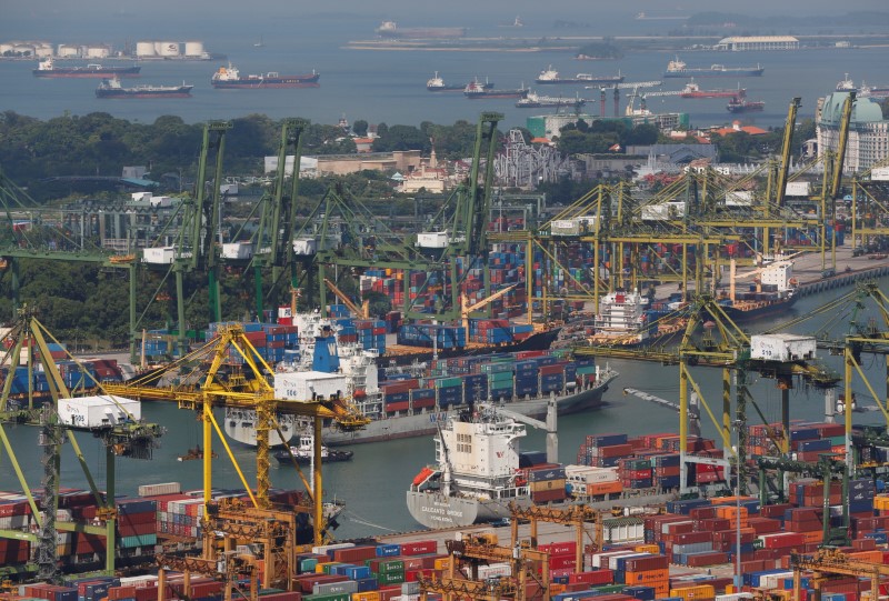 © Reuters. A container ship arrives in a port in Singapore