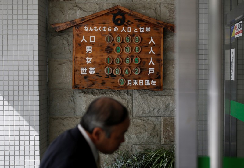 © Reuters. Numbers of population and households are displayed at the entrance of village office in Nanmoku Village