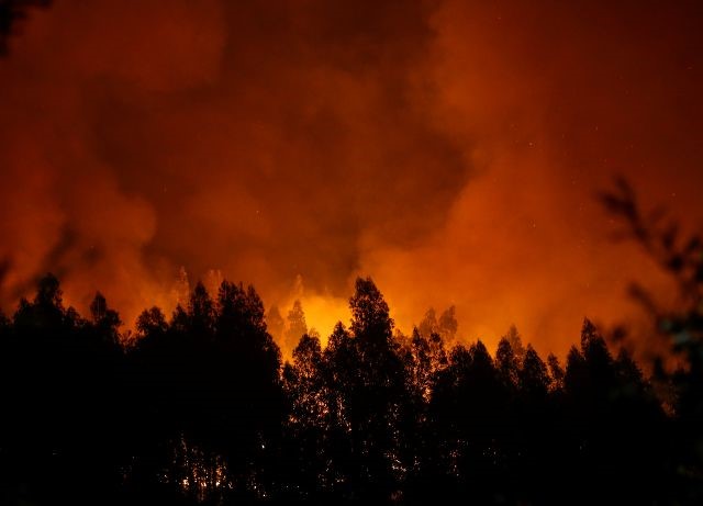 © Reuters. Smoke and flames from a forest fire are seen near Lousa