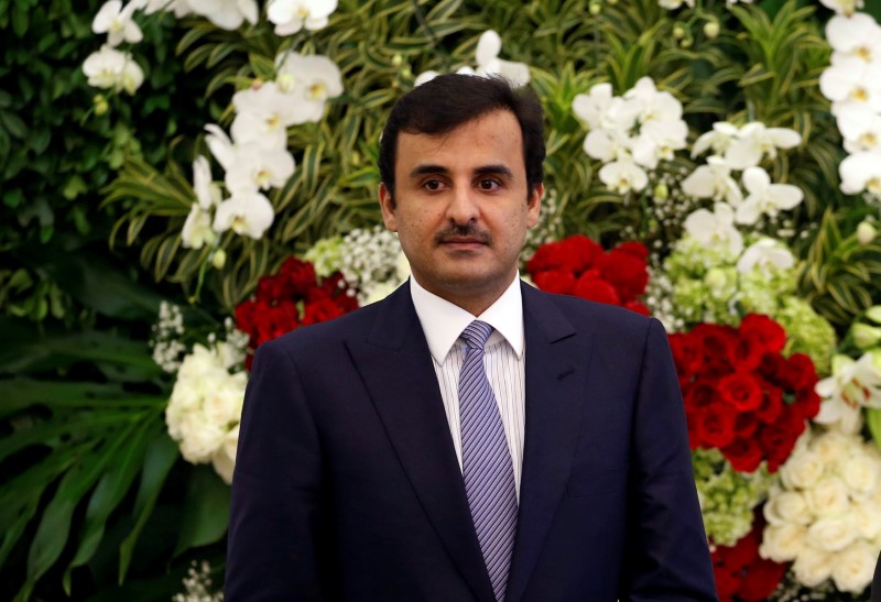 © Reuters. Qatar's Emir Sheikh Tamim bin Hamad al-Thani is seen during a joint news conference with Indonesian President Joko Widodo at the presidential palace in Bogor