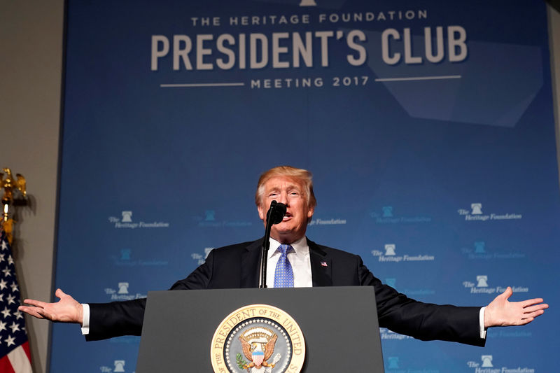 © Reuters. U.S. President Donald Trump speaks to the Heritage Foundation’s President’s Club Meeting in Washington