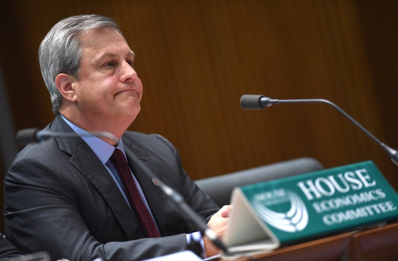 © Reuters. Westpac Bank CEO Brian Hartzer listens to a question from the Australian government's Economics Committee at Parliament House in Canberra