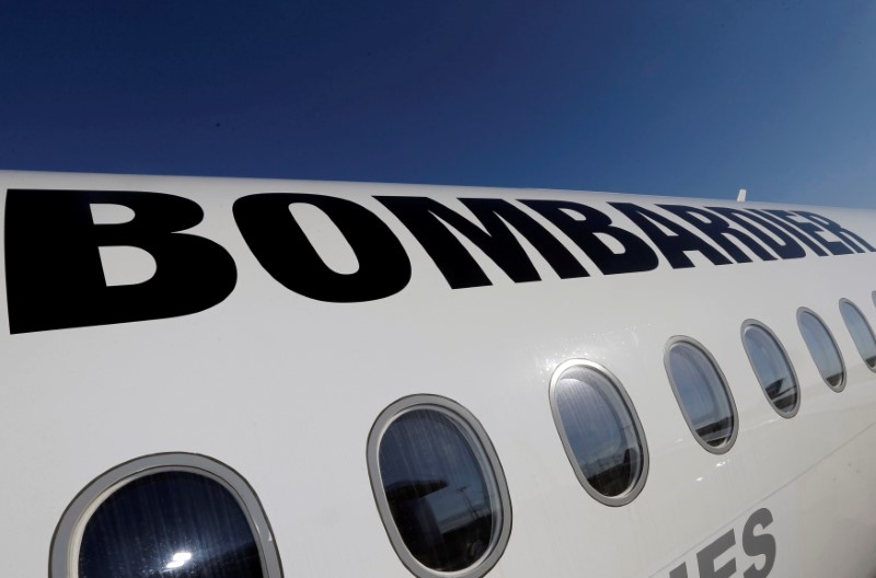 © Reuters. A Bombardier CSeries aircraft is pictured during a news conference to announce a partnership between Airbus and Bombardier on the C Series aircraft programme, in Colomiers near Toulouse