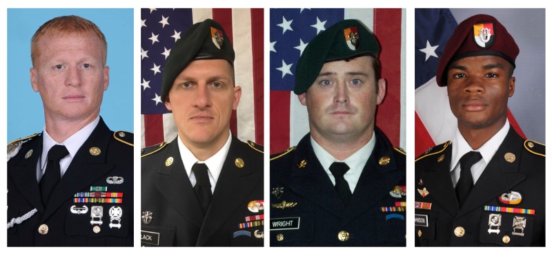© Reuters. A combination photo of U.S. Army Special Forces Sergeant Jeremiah Johnson (L to R), U.S. Special Forces Sgt. Bryan Black, U.S. Special Forces Sgt. Dustin Wright and U.S. Special Forces Sgt. La David Johnson killed in Niger, West Africa