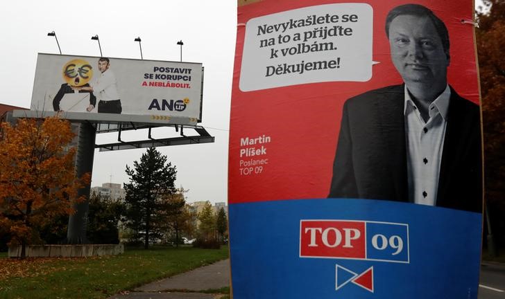 © Reuters. Cars drive past election campaign posters of the leader of ANO party Andrej Babis in Prague