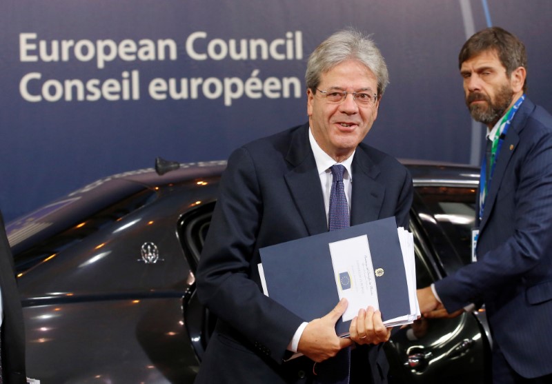 © Reuters. Il presidente del Consiglio Paolo Gentiloni oggi al Consiglio Europeo di Bruxelles