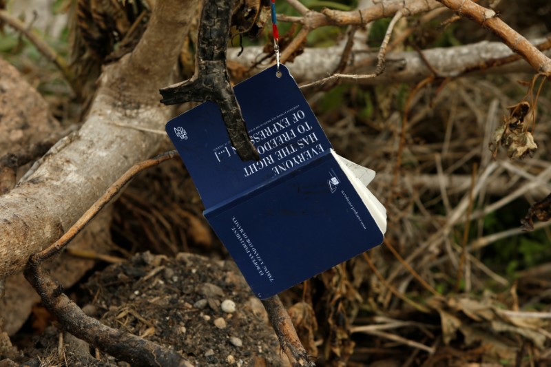 © Reuters. A book on freedom of expression hangs on a burnt tree alongside the spot where a car bomb was detonated killing investigative journalist Daphne Caruana Galizia four days ago, on the road leading from her home in Bidnija