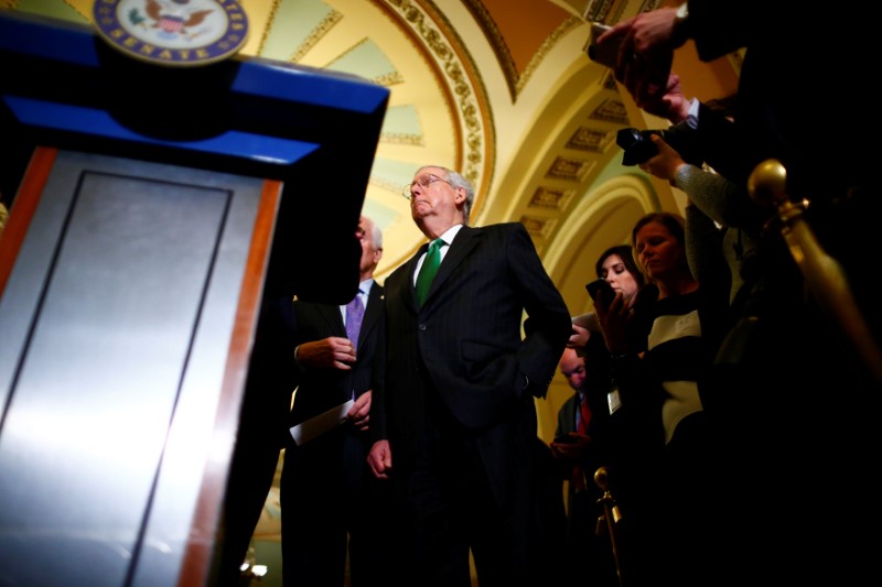 © Reuters. Senate Majority Leader Mitch McConnell waits to speak to reporters following a policy luncheon on Capitol Hill in Washington