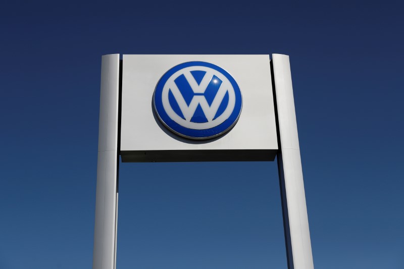 © Reuters. FILE PHOTO -  A Volkswagen logo is seen at Serramonte Volkswagen in Colma, California