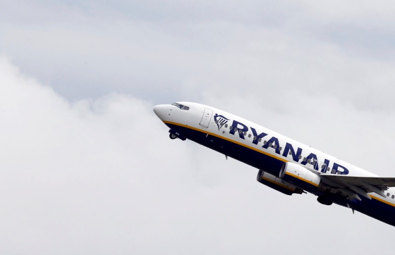 © Reuters. FILE PHOTO: Ryanair commercial passenger jet takes off in Colomiers near Toulouse