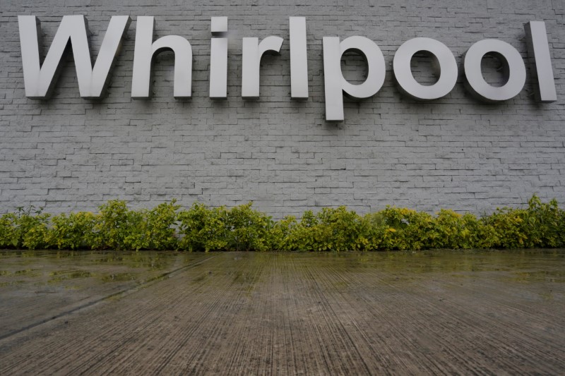© Reuters. FILE PHOTO: The Whirlpool logo is seen at their plant in Apodaca, Monterrey, Mexico