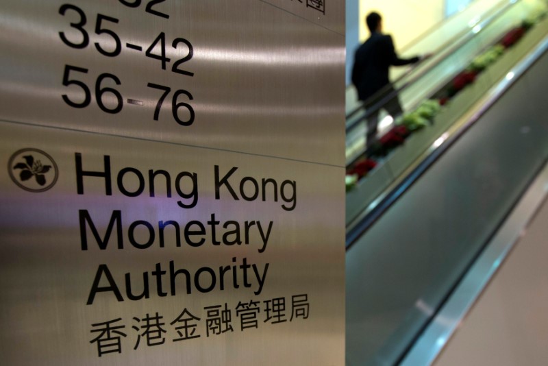 © Reuters. FILE PHOTO: A security guard walks past a directory board of Hong Kong Monetary Authority (HKMA) in Hong Kong
