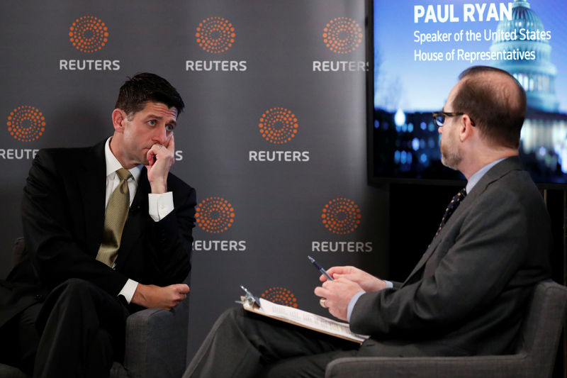 © Reuters. Ryan (R-WI) sits for an onstage interview with Reuters' Adler in Washington