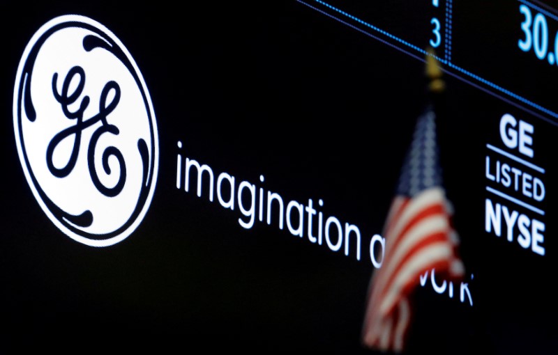 © Reuters. FILE PHOTO: The ticker and logo for General Electric Co. is displayed on a screen at the post where it is traded on the floor of the NYSE