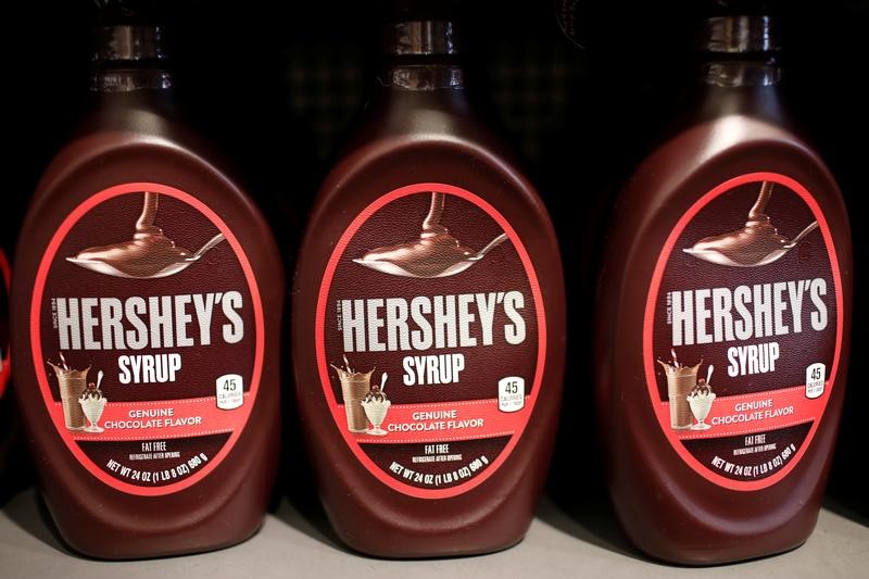 © Reuters. FILE PHOTO: Containers of Hershey's chocolate syrup are seen on display in a shop in New York City
