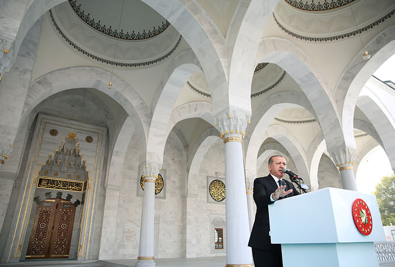 © Reuters. Turkish President Erdogan speaks during the opening ceremony of a mosque in Ankara