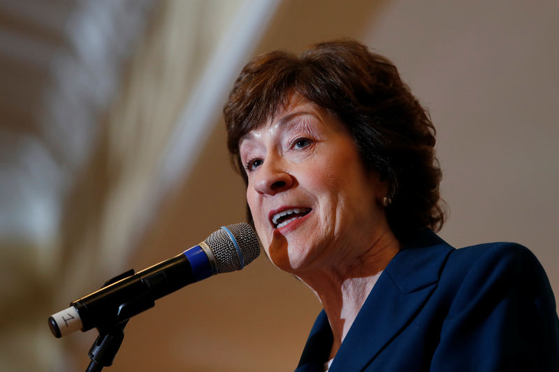 © Reuters. U.S. Senator Susan Collins speaks in Rockport