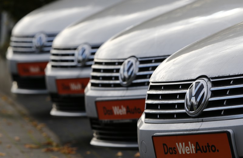 © Reuters. Volkswagen cars are lined up for sale at a car shop in Bad Honnef