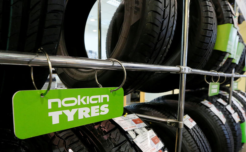 © Reuters. FILE PHOTO: Nokian tyres are on display at the "Krepost" Toyota dealership in Russia's Siberian city of Krasnoyarsk