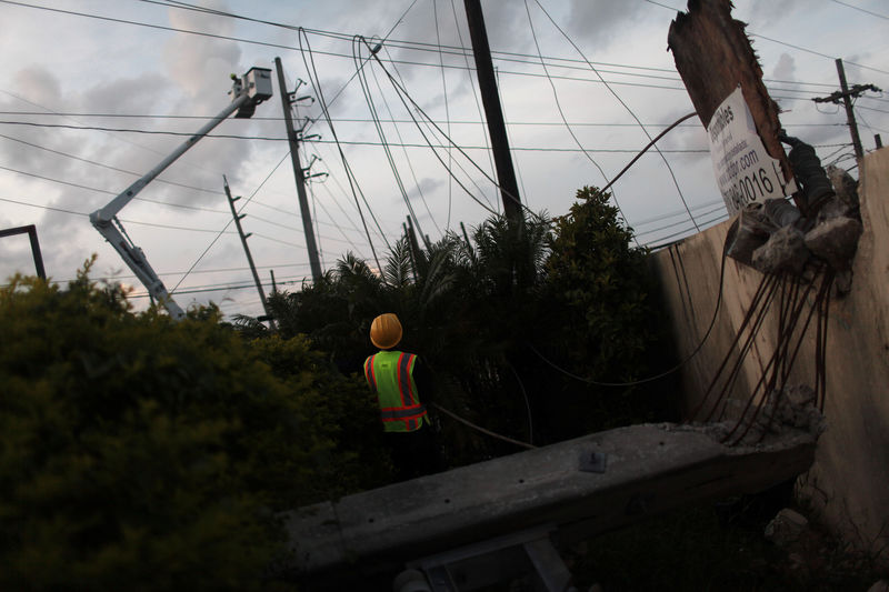 © Reuters. Workers of Puerto Rico's Electric Power Authority (PREPA) repair part of the electrical grid after Hurricane Maria hit the area in September, in Manati