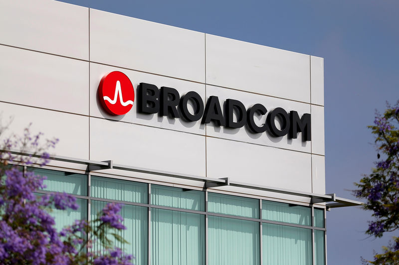 © Reuters. FILE PHOTO: Broadcom Limited company logo is pictured on an office building in Rancho Bernardo, California