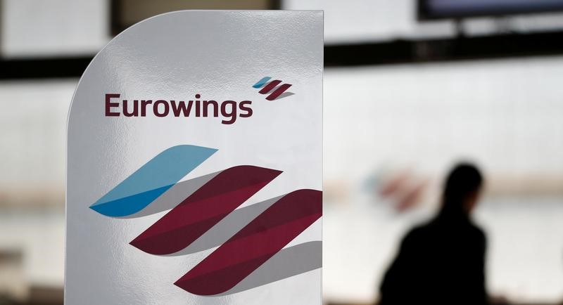 © Reuters. The logo of Lufthansa's low-cost brand Eurowings is seen at Cologne-Bonn airport