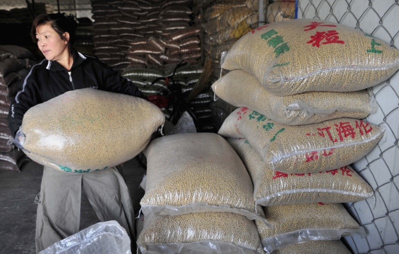© Reuters. A worker carries a sack of soybeans at a food wholesale market in Shenyang