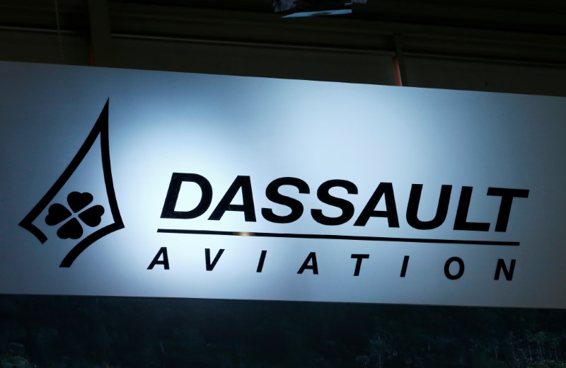 © Reuters. A logo of Dassault Aviation is pictured on their booth during EBACE in Geneva