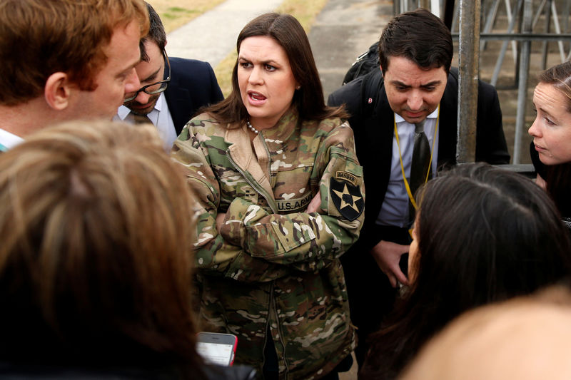 © Reuters. White House Press Secretary Sarah Huckabee Sanders updates reporters on President Donald Trump's failed attempt, preempted by weather, to visit Observation Post Ouellette along the Demilitarized Zone