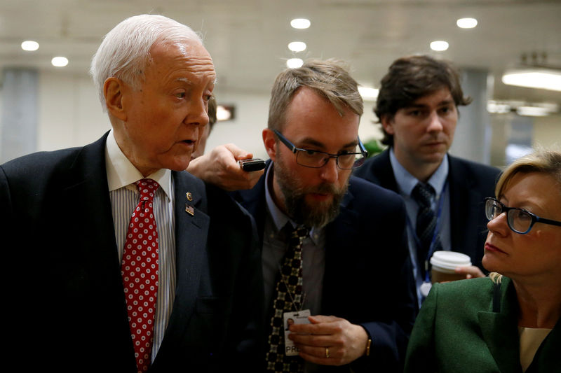 © Reuters. Chairman of the Senate Finance Committee Orrin Hatch (R-UT) speaks to reporters on Capitol Hill in Washington