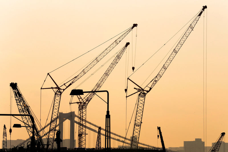 © Reuters. FILE PHOTO: Cranes are pictured against sunset at a construction site in Tokyo