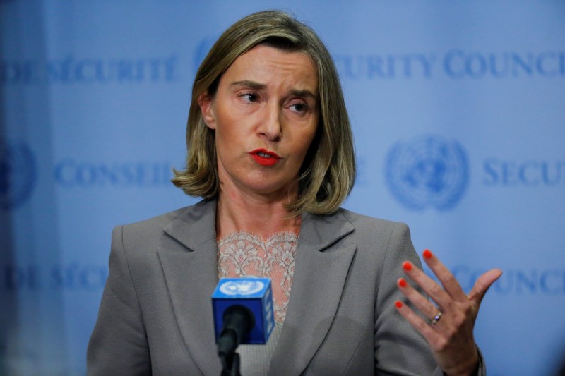© Reuters. European Union Foreign Affairs Chief Mogherini gives her remarks after attending a meeting of the parties to the Iran nuclear deal during the 72nd United Nations General Assembly at U.N. headquarters in New York