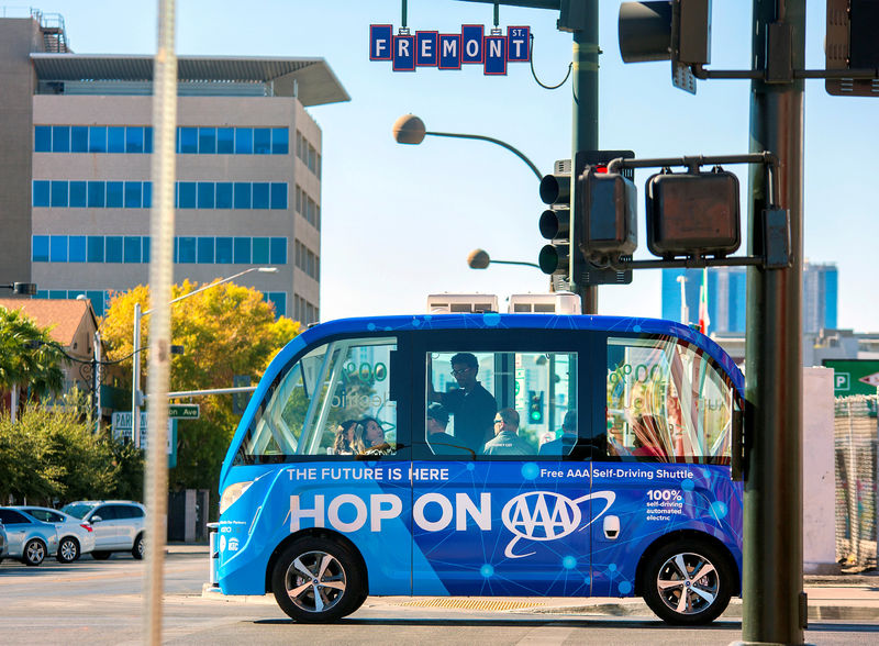 © Reuters. Handout photo of the first public self-driving shuttle, launched as a pilot project sponsored by AAA and Keolis is shown in downtown Las Vegas