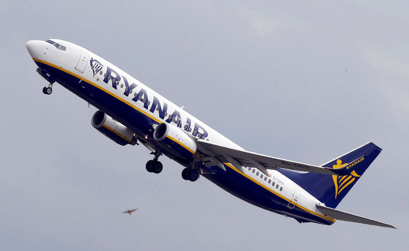 © Reuters. FILE PHOTO: Ryanair commercial passenger jet takes off in Colomiers near Toulouse