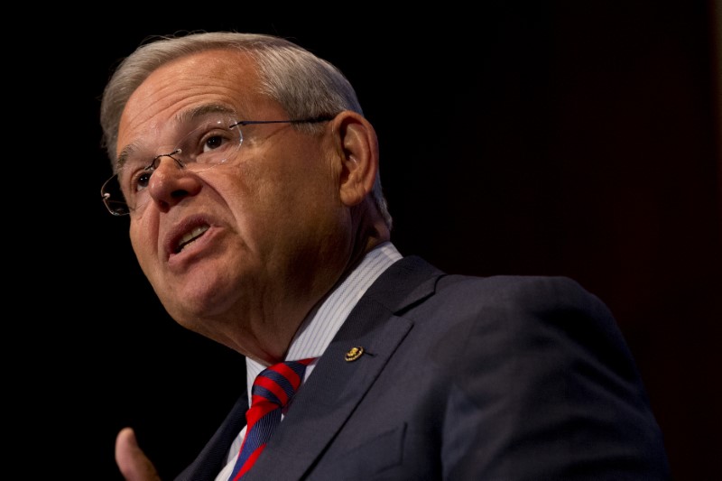 © Reuters. FILE PHOTO: U.S. Senator Bob Menendez speaks at Seton Hall University in South Orange, New Jersey