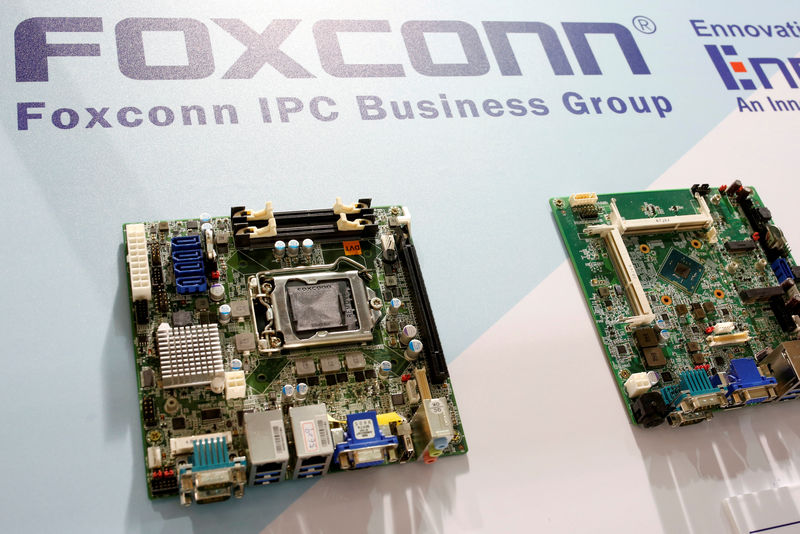 © Reuters. FILE PHOTO: Foxconn's computer motherboards are seen during the annual Computex computer exhibition in Taipei