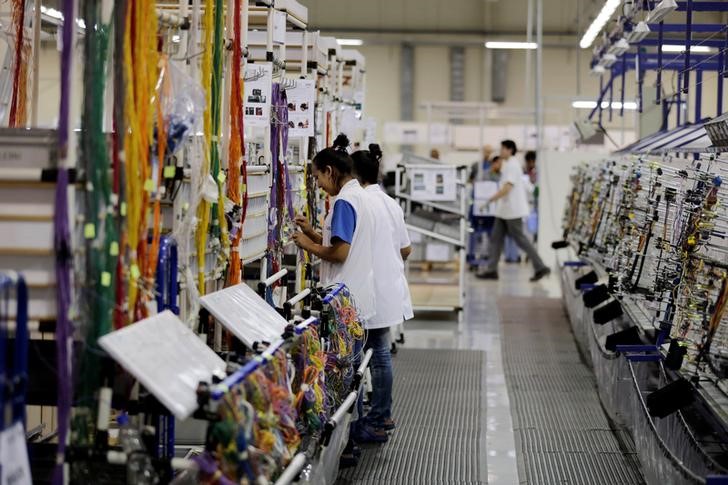 © Reuters. Workers of Leoni industries assemble electric parts for vehicles to be exported to Brazil in San Lorenzo