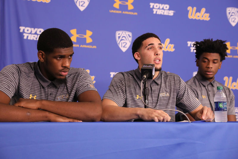 © Reuters. UCLA basketball players Cody Riley, LiAngelo Ball, and Jalen Hill speak at a press conference at UCLA after flying back from China where they were detained on suspicion of shoplifting, in Los Angeles