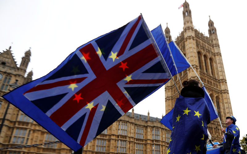 © Reuters. Anti-Brexit protesters wave EU and Union flags outside the Houses of Parliament in London