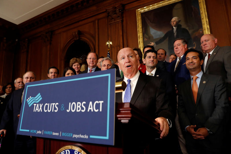 © Reuters. Rep. Kevin Brady (R-TX), Chairman of the House Ways and Means Committee, speaks at news conference announcing the passage of the "Tax Cuts and Jobs Act" at the U.S. Capitol in Washington