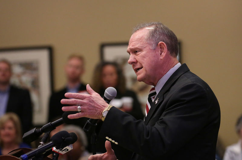© Reuters. Judge Roy Moore speaks as he participates in the Mid-Alabama Republican Club's Veterans Day Program in Vestavia Hills