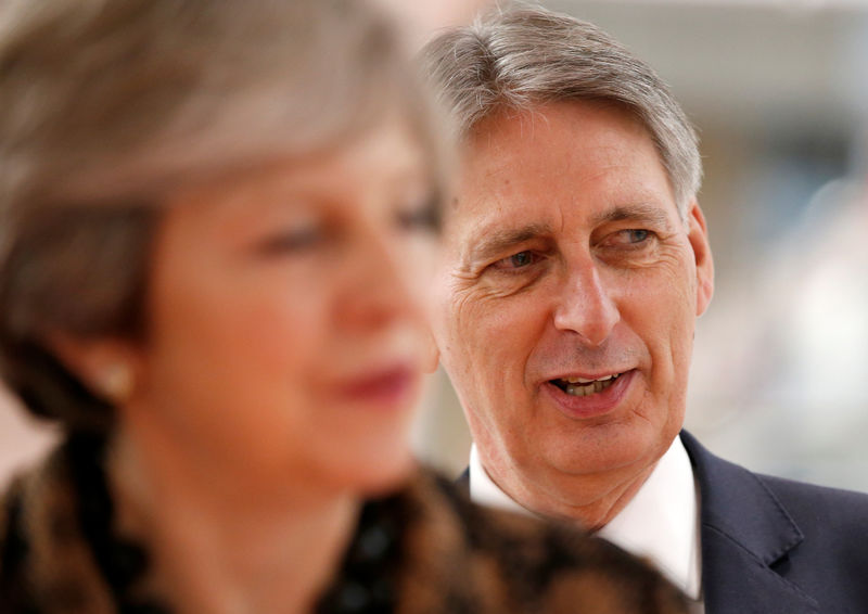 © Reuters. Britain's Prime Minister Theresa May and Chancellor of the Exchequer Philip Hammond visit an engineering training facility in the West Midlands