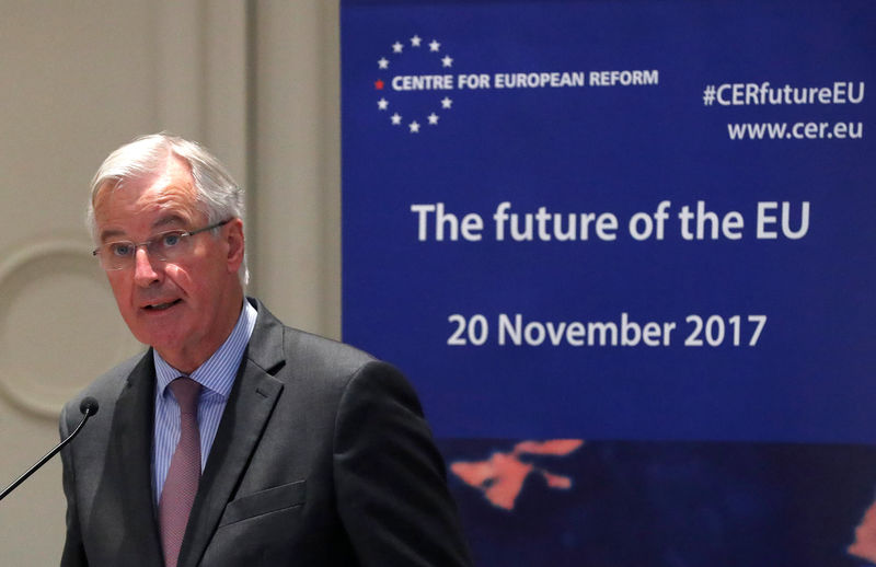 © Reuters. European Union's chief Brexit negotiator Barnier addresses a conference on the "The future of the EU" at the Centre for European Reform in Brussels